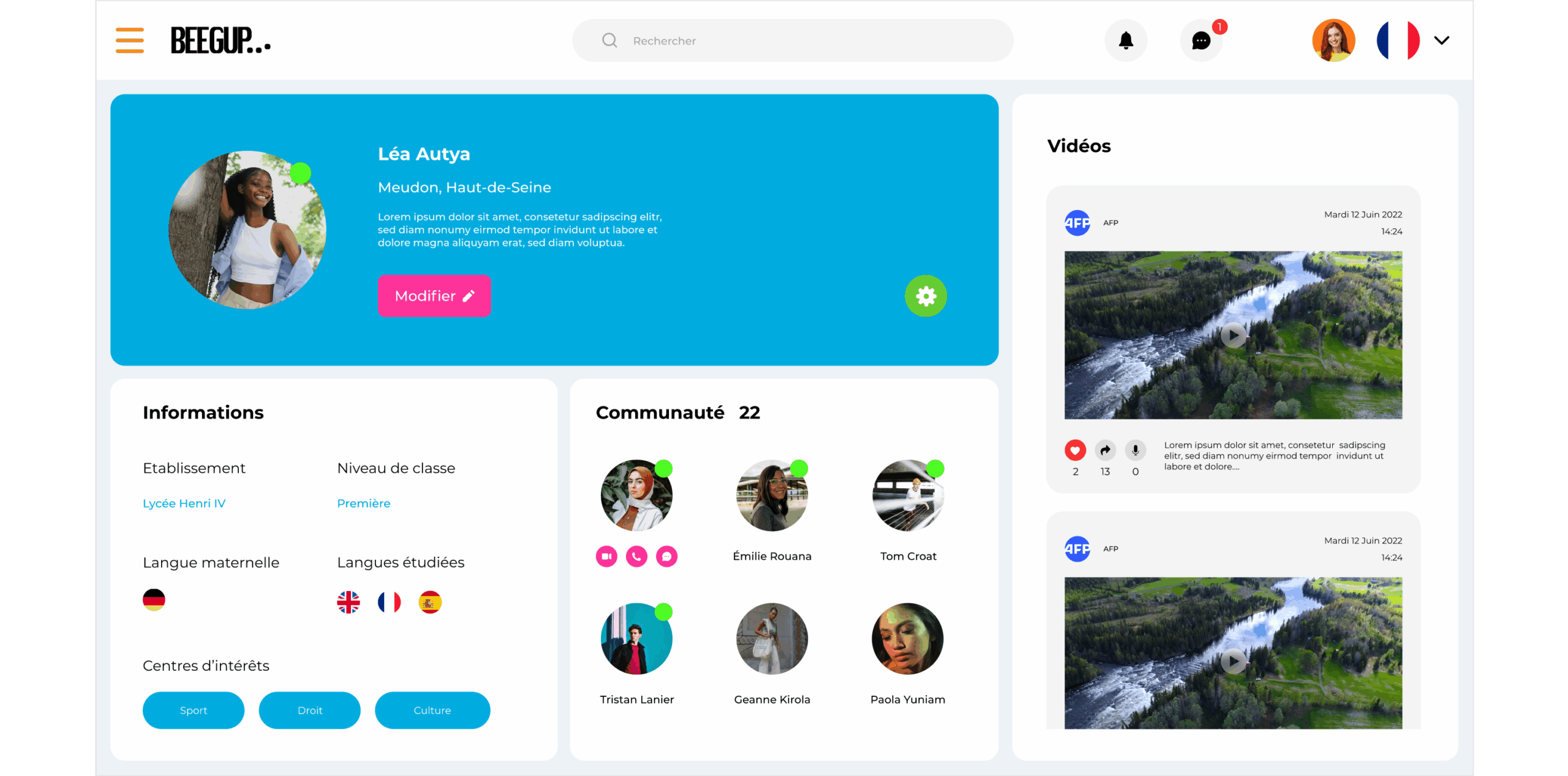Fiche élève et contenus vidéo sur le site web Beegup