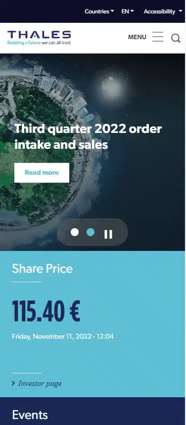 Interface mobile Thales montrant les résultats du troisième trimestre 2022