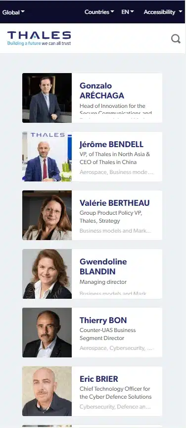 Portraits des dirigeants et experts métiers de Thales