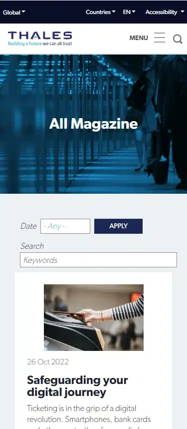 Capture du magazine en ligne de Thales avec un article sur la sécurité numérique