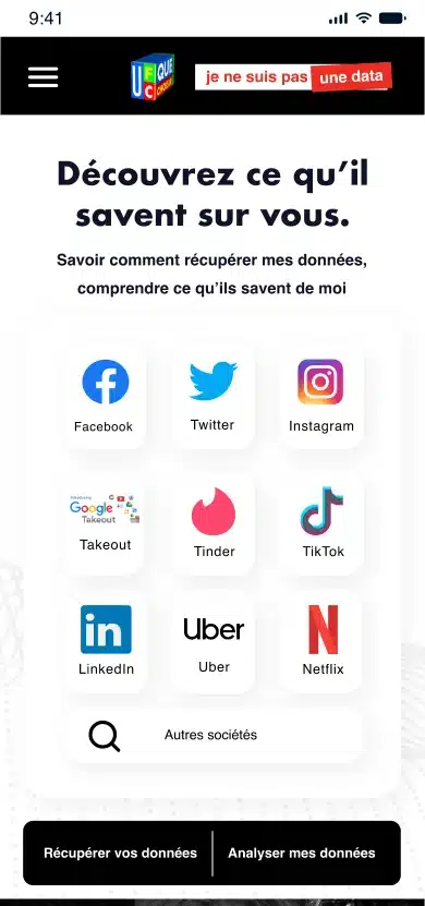 Interface d’accueil du site web Je ne suis pas une data avec options de récupération de données personnelles
