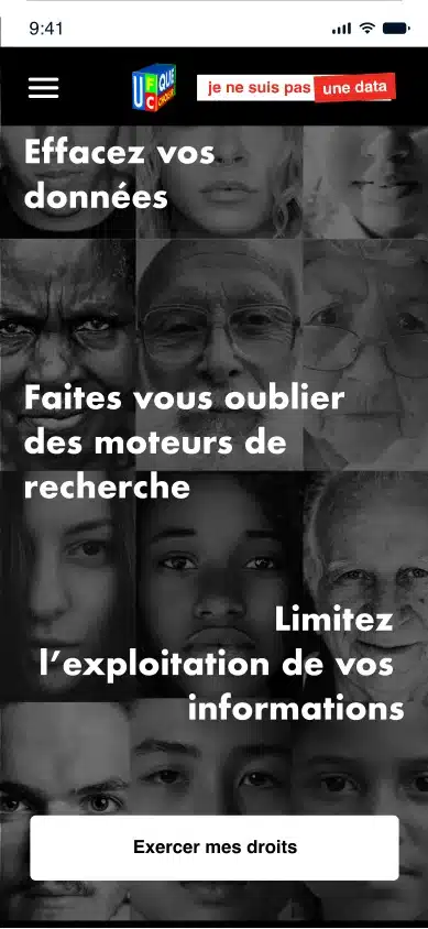 age mobile du site web Je ne suis pas une data avec les actions pour effacer ses données personnelles