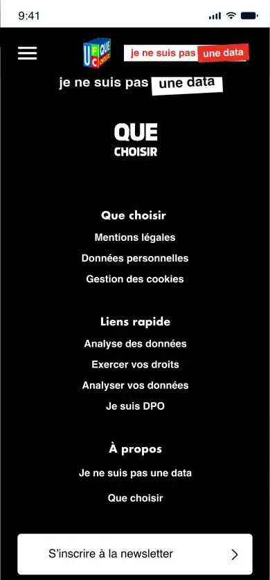 ooter du site web Je ne suis pas une data avec les liens de navigation légaux et ressources
