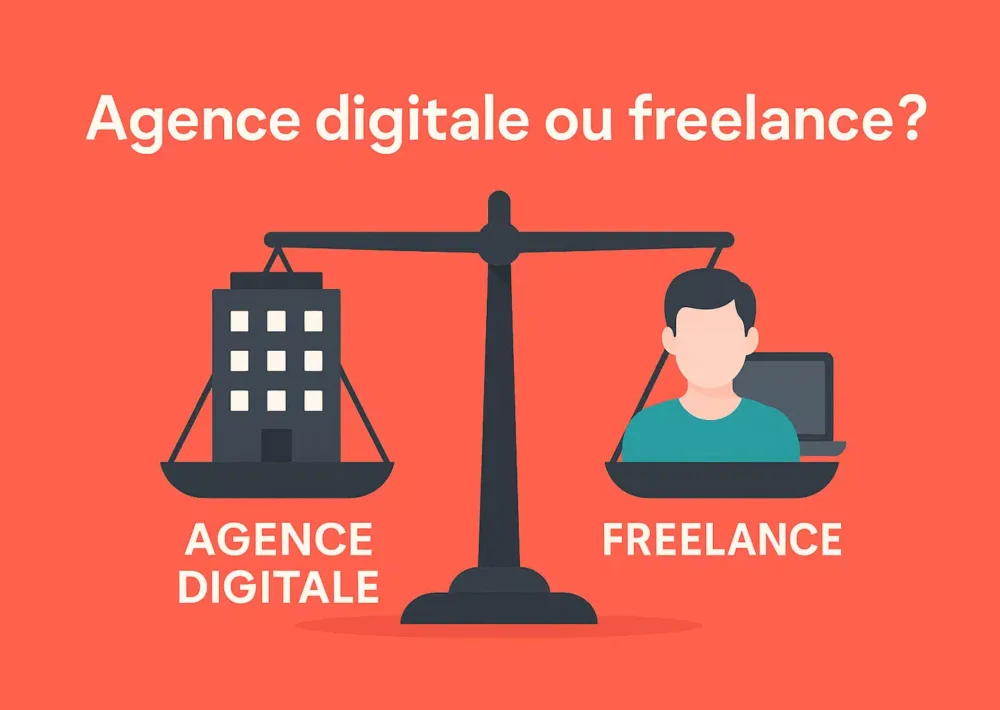 Comparaison entre une agence digitale et un freelance avec une balance penchée pour l’agence