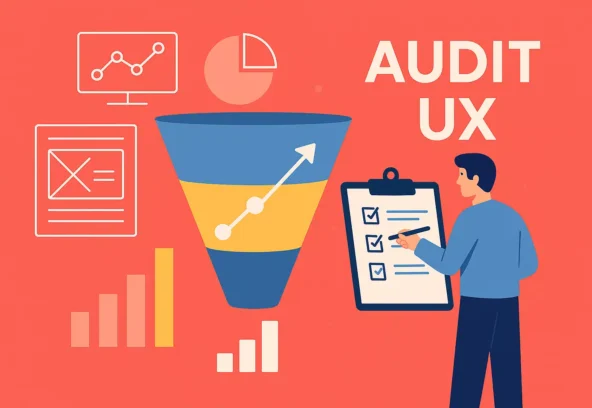 Illustration audit UX : tunnel de conversion, wireframes et analytics sur fond Rouge Corail