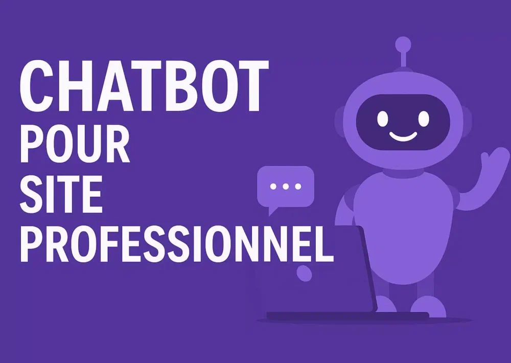 Chatbot pour site professionnel – Robot violet souriant à côté d’un ordinateur portable sur fond violet profond