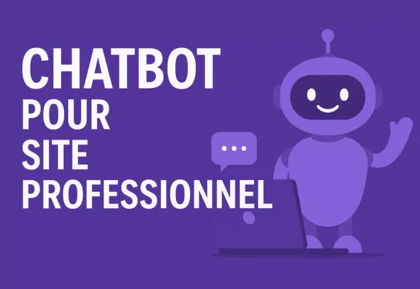 Chatbot pour site professionnel – Robot violet souriant à côté d’un ordinateur portable sur fond violet profond