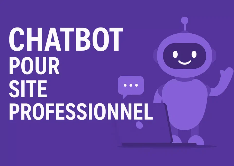 Chatbot pour site professionnel – Robot violet souriant à côté d’un ordinateur portable sur fond violet profond