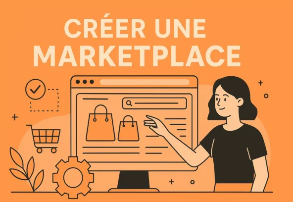 Créer une marketplace – illustration interface utilisateur et commerce digital sur fond orange mandarine