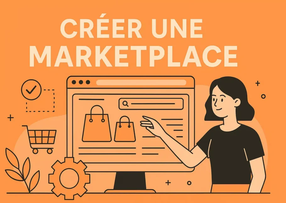 Créer une marketplace – illustration interface utilisateur et commerce digital sur fond orange mandarine