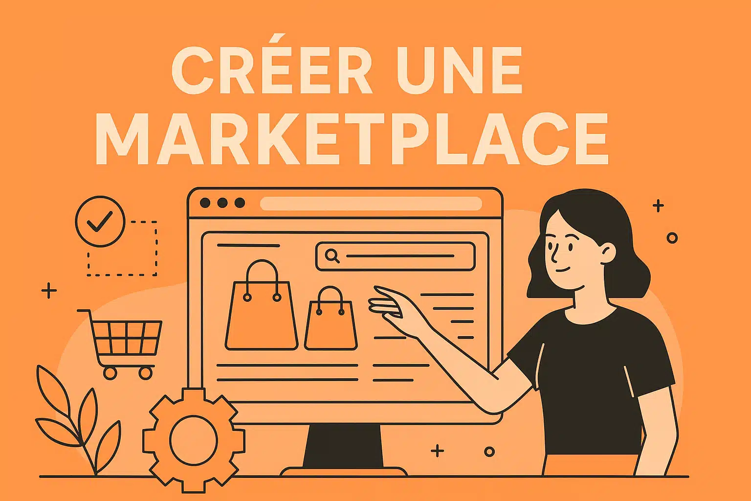 Créer une marketplace – illustration interface utilisateur et commerce digital sur fond orange mandarine