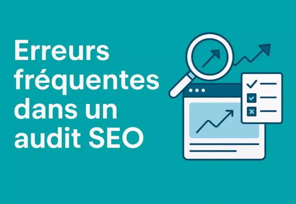 Illustration SEO – Erreurs fréquentes dans un audit SEO, checklist et analyse graphique sur fond sarcelle