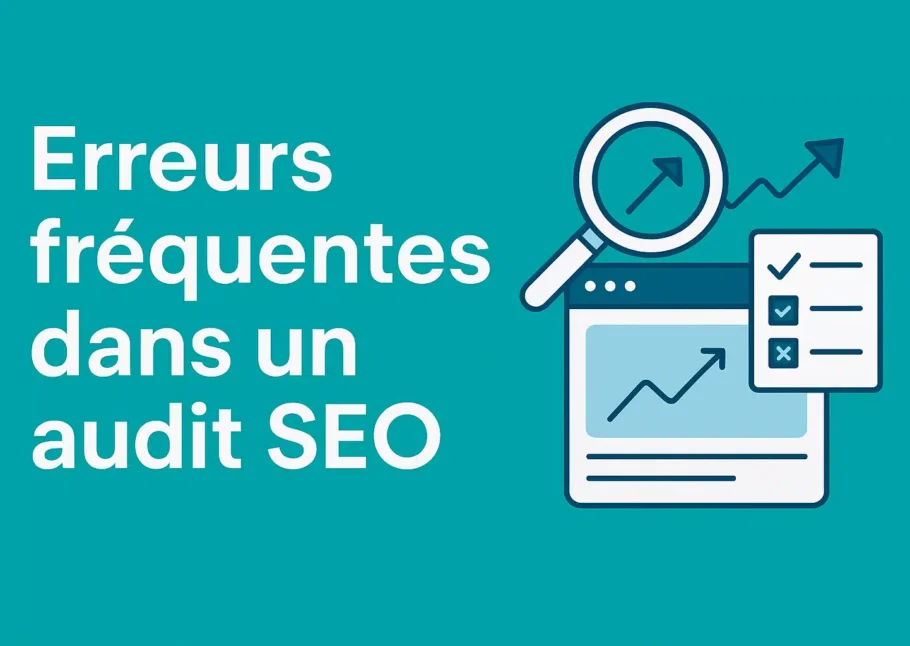 Illustration SEO – Erreurs fréquentes dans un audit SEO, checklist et analyse graphique sur fond sarcelle