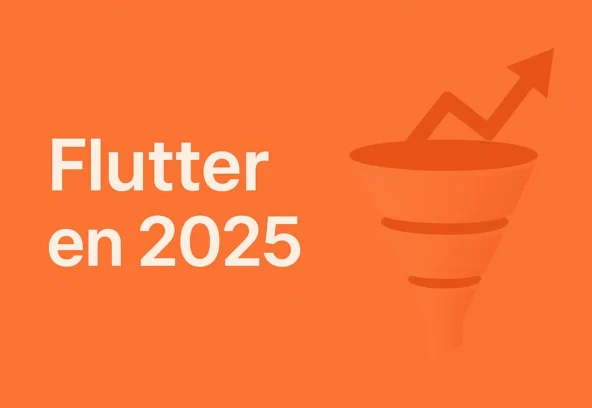 Illustration tunnel de conversion digital sur fond orange mandarine avec le texte "Flutter en 2025" et une flèche de croissance