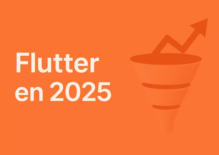 Illustration tunnel de conversion digital sur fond orange mandarine avec le texte "Flutter en 2025" et une flèche de croissance