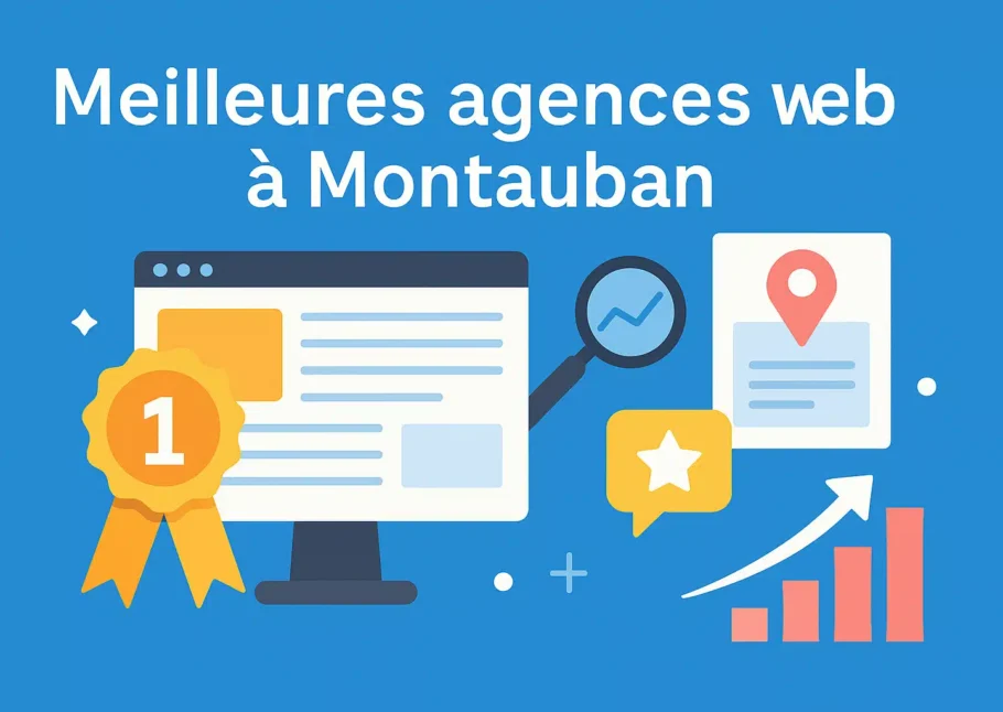 Illustration des meilleures agences web à Montauban avec icônes de site, classement, localisation et performance