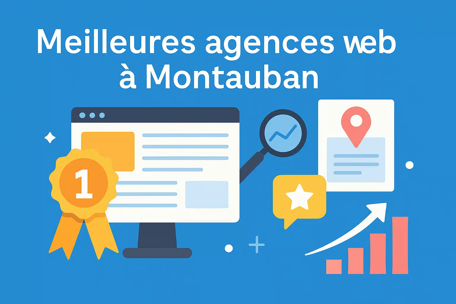 Illustration des meilleures agences web à Montauban avec icônes de site, classement, localisation et performance
