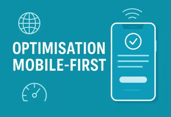 Illustration optimisation mobile-first – smartphone, vitesse de chargement, connectivité sur fond bleu sarcelle