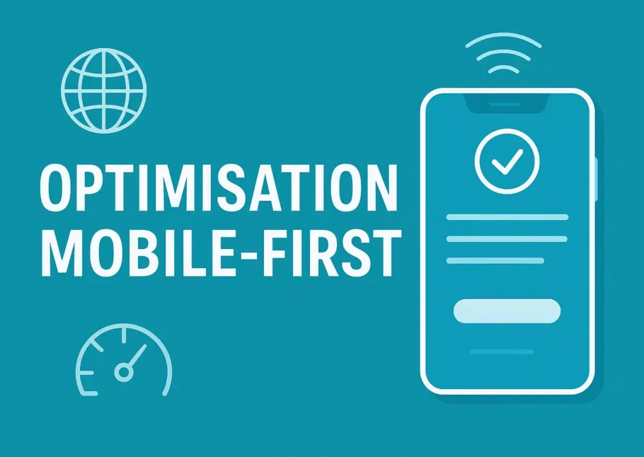 Illustration optimisation mobile-first – smartphone, vitesse de chargement, connectivité sur fond bleu sarcelle