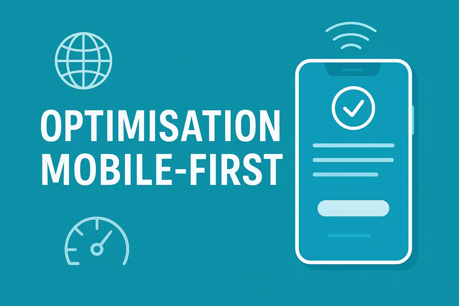 Illustration optimisation mobile-first – smartphone, vitesse de chargement, connectivité sur fond bleu sarcelle