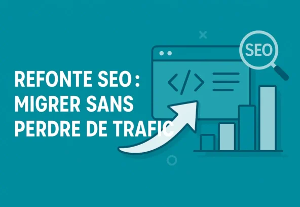 Illustration en bleu sarcelle montrant une refonte SEO d'un site, avec texte "Refonte SEO : Migrer sans perdre de trafic", un graphique de progression, une flèche et une loupe sur l’icône SEO.
