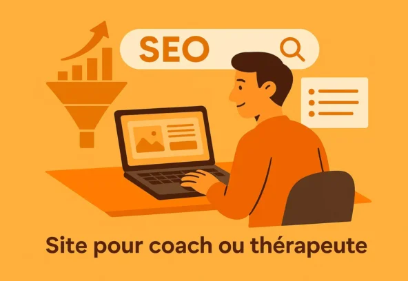 Illustration d’un coach travaillant son SEO sur ordinateur, tunnel de conversion, fond Orange Mandarine