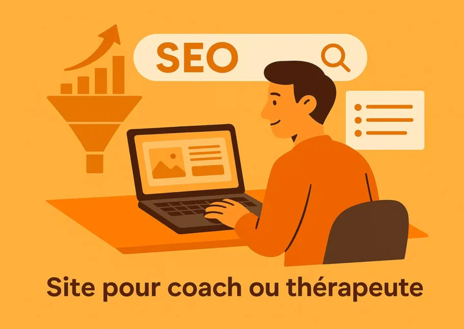 Illustration d’un coach travaillant son SEO sur ordinateur, tunnel de conversion, fond Orange Mandarine