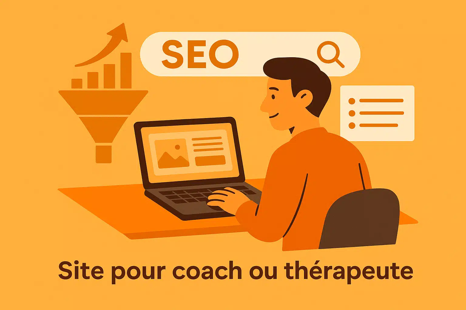 SEO pour site pour coach ou thérapeute – illustration tunnel de conversion, fond Orange Mandarine