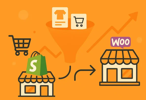 Shopify ou WooCommerce : tunnel de conversion e-commerce entre Shopify et WooCommerce sur fond Orange Mandarine