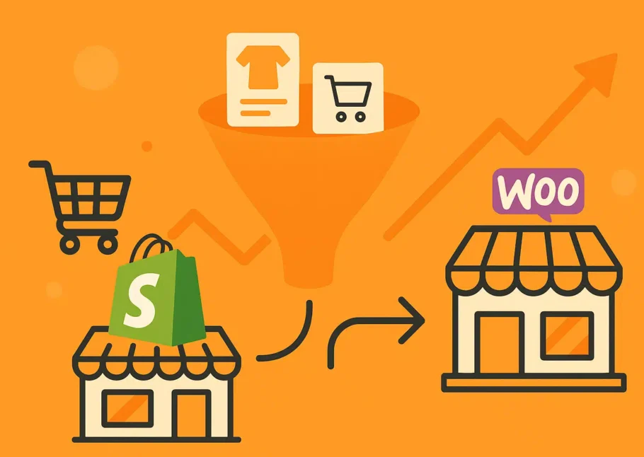 Shopify ou WooCommerce : tunnel de conversion e-commerce entre Shopify et WooCommerce sur fond Orange Mandarine