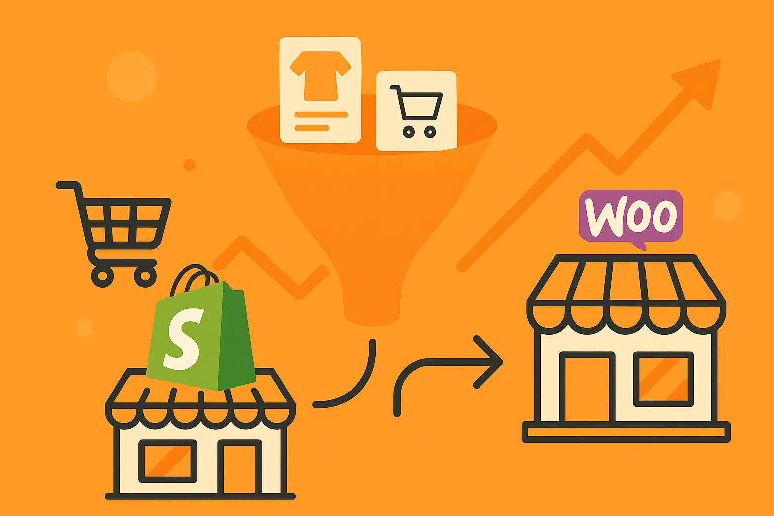 Shopify ou WooCommerce : tunnel de conversion e-commerce entre Shopify et WooCommerce sur fond Orange Mandarine