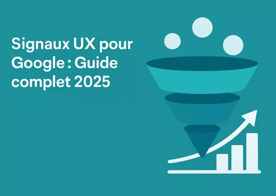 Illustration d’un tunnel de conversion et croissance – Signaux UX pour Google : Guide complet 2025, fond bleu sarcelle, design plat