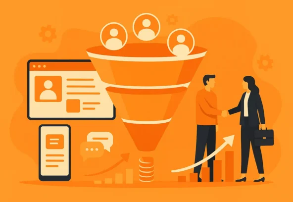 Tunnel de conversion pour plateforme de mise en relation – illustration entonnoir, croissance digitale, fond orange mandarine