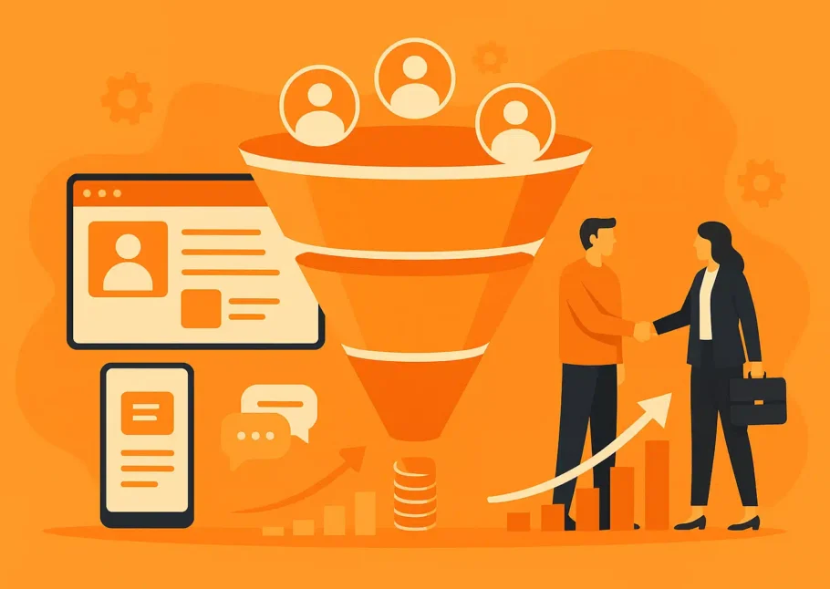Tunnel de conversion pour plateforme de mise en relation – illustration entonnoir, croissance digitale, fond orange mandarine