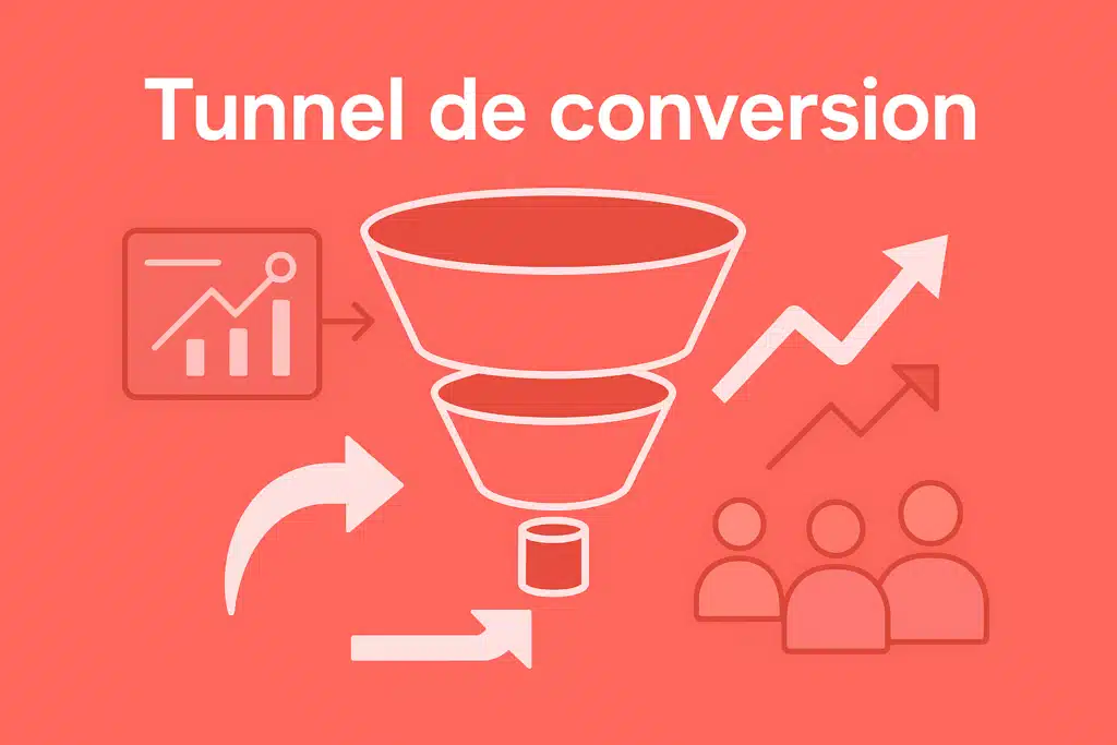 Tunnel de conversion et stratégie digitale – illustration entonnoir, croissance, fond rouge corail